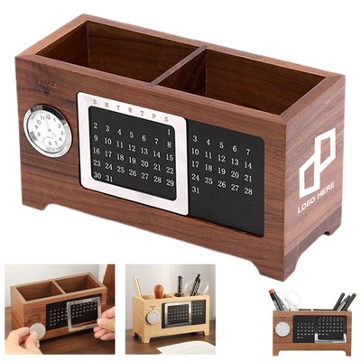 Wooden Pencil Holder Desk Organizer W/ Permanent Calendar
